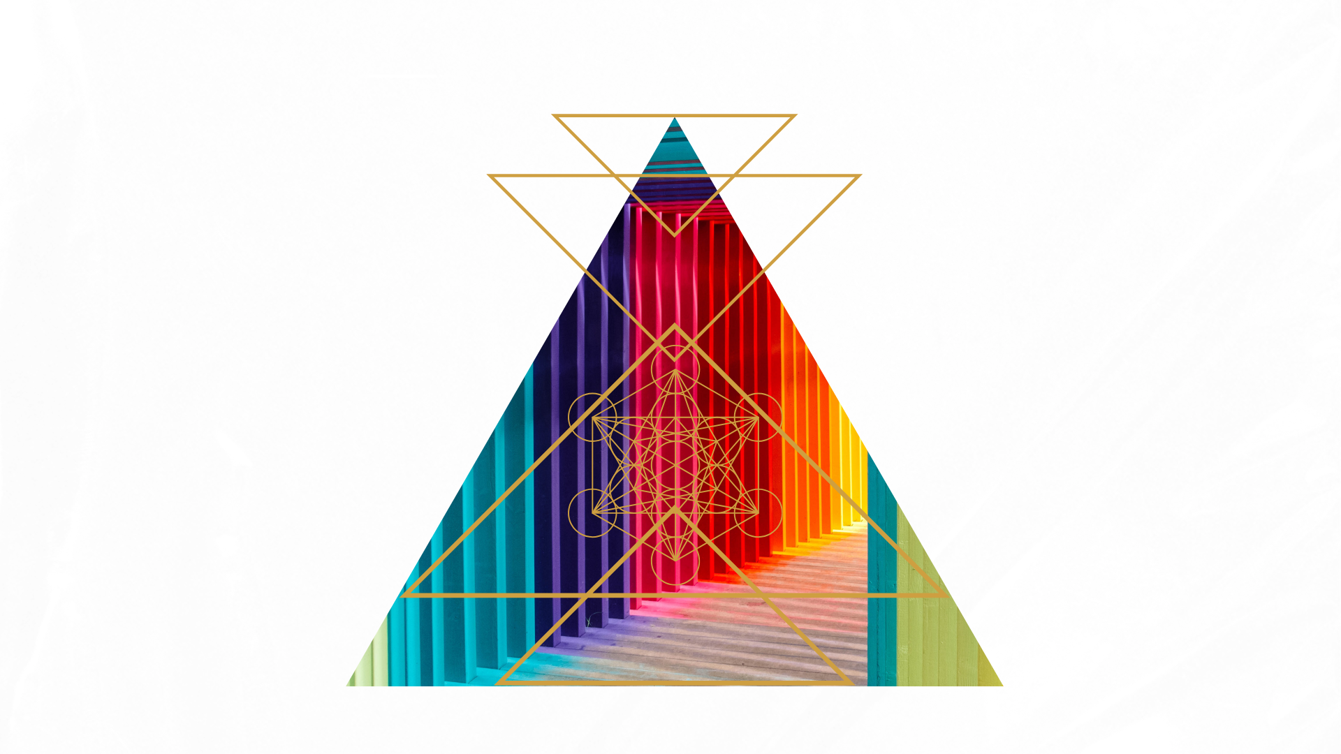 Prismatic rainbow light through a dark corridor contained in a sacred geometry triangle