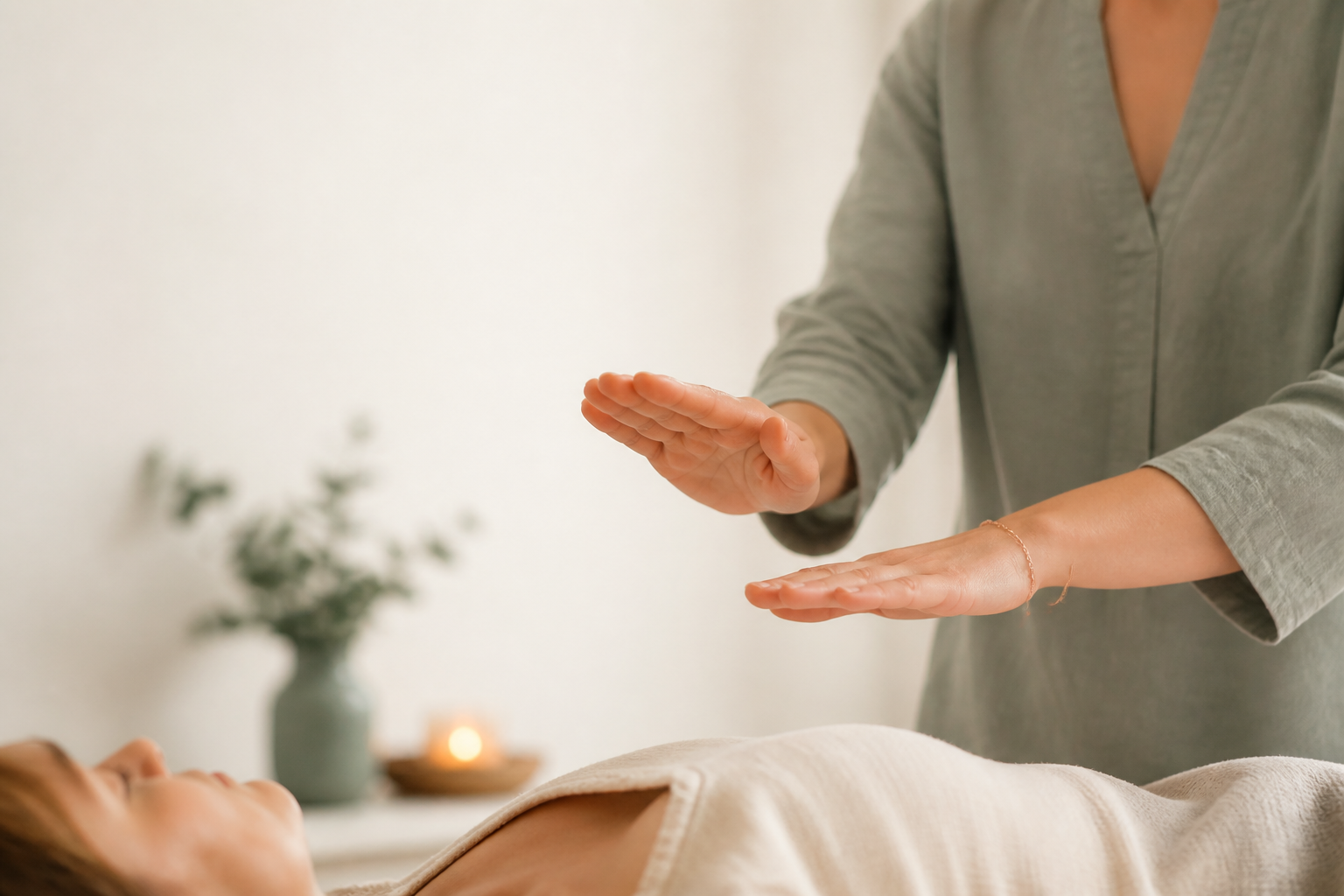 Serene hands in a healing gesture over soft light